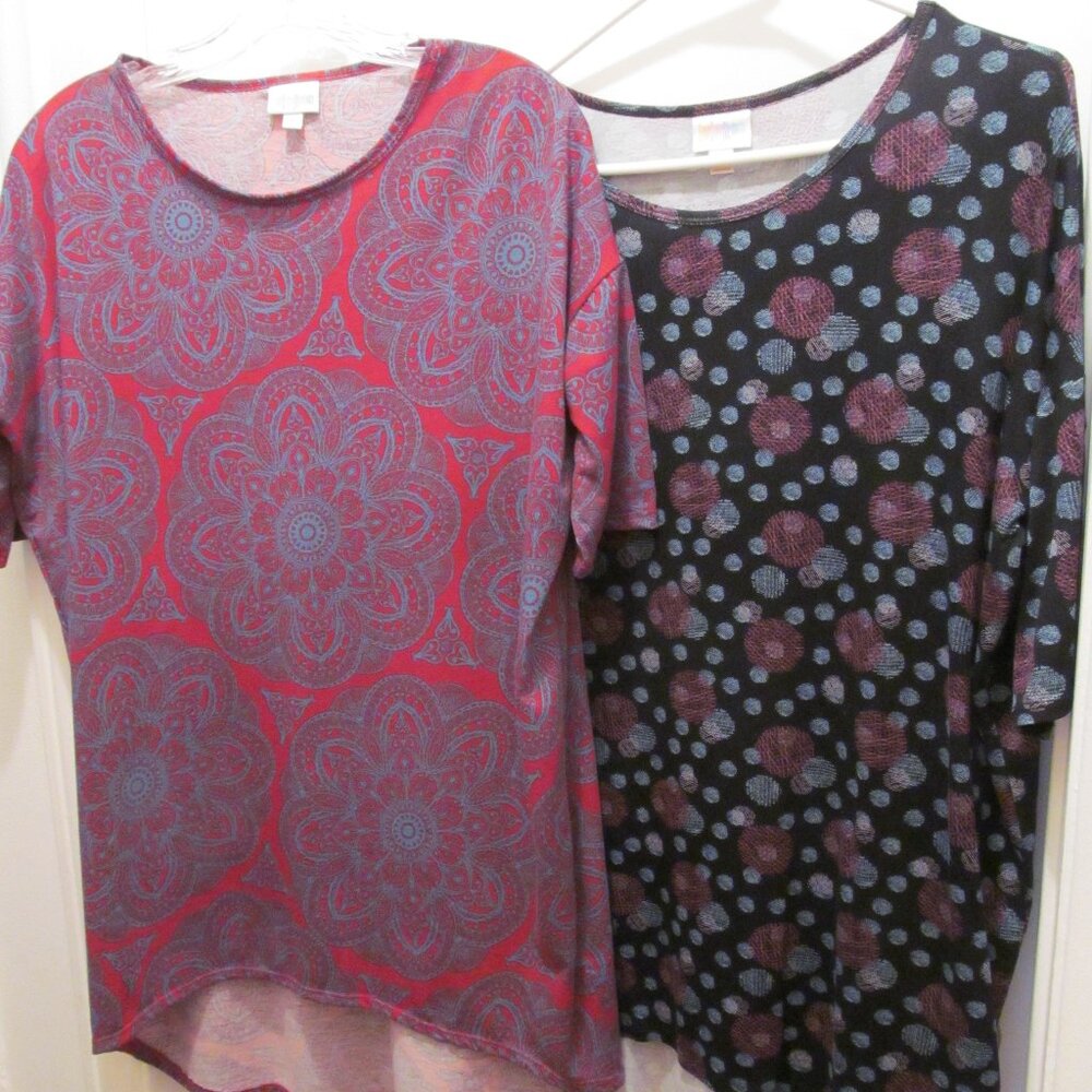 Lot of 2 LuLaRoe Irma Shirts ~ Floral Medallion & Circles ~ Size XS ~ Unicorns?